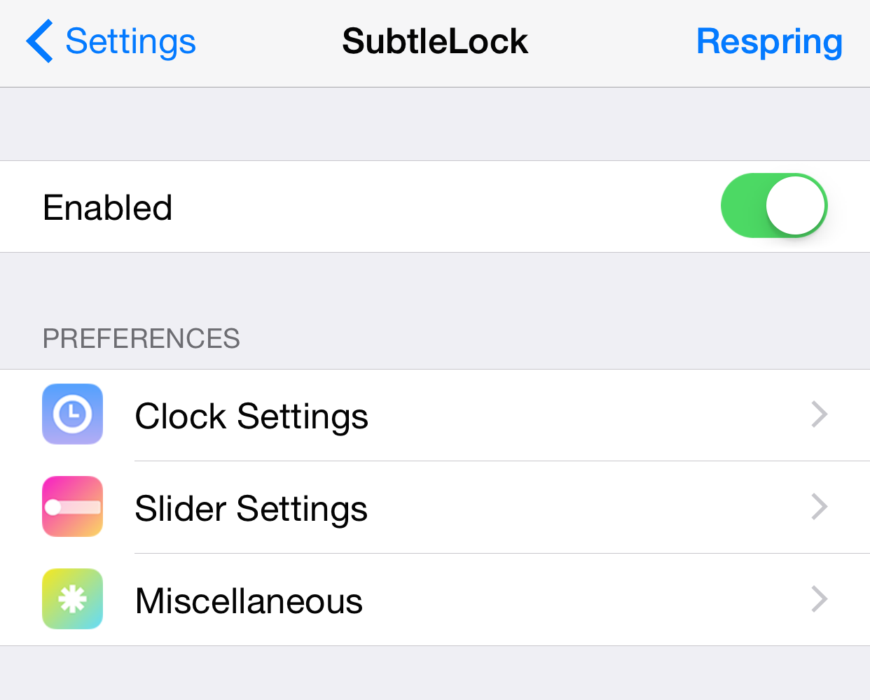 SubtleLock settings