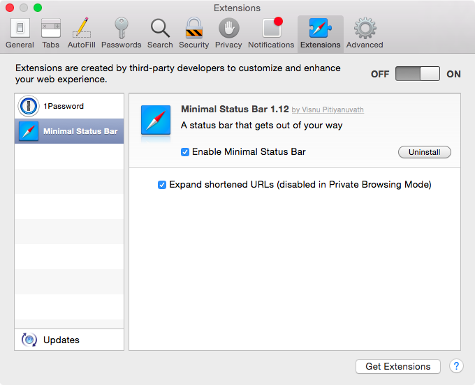 Safari for Mac extension Minimal Status Bar screenshot 003