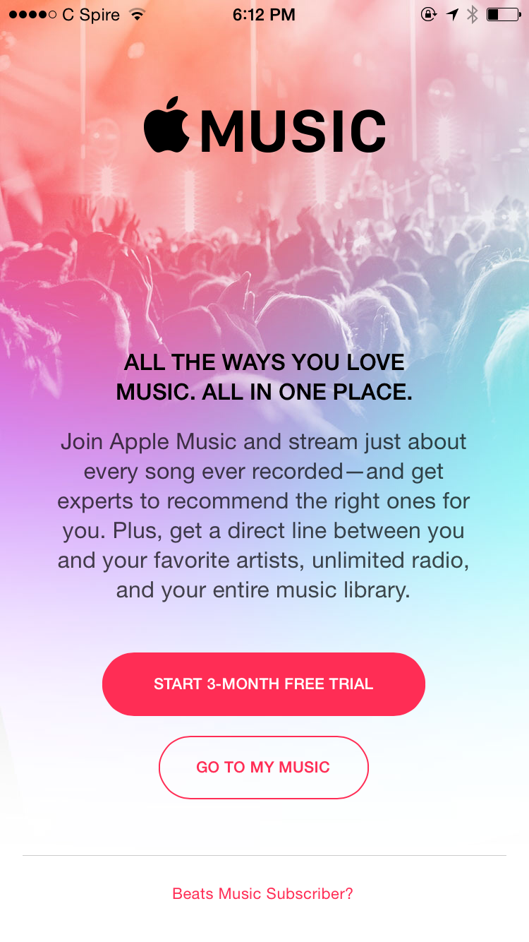 Apple Music splash screen beta iPhone 6 screenshot 001