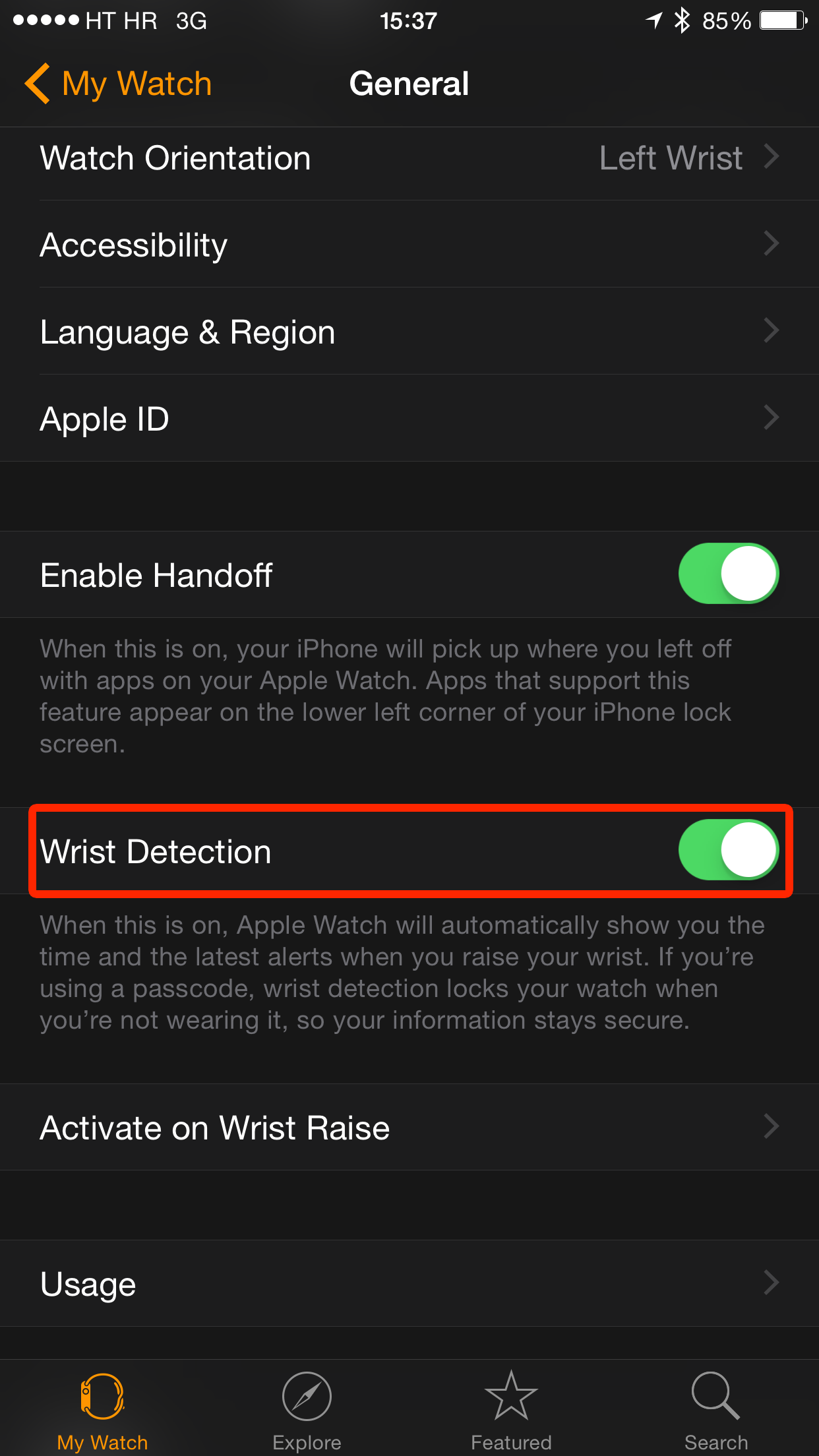 Apple Watch companion app Wrist Detection
