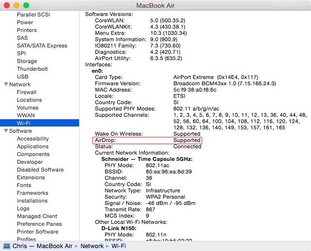 OS X Information système Wi-Fi AirDrop pris en charge Capture d'écran 001 de Mac