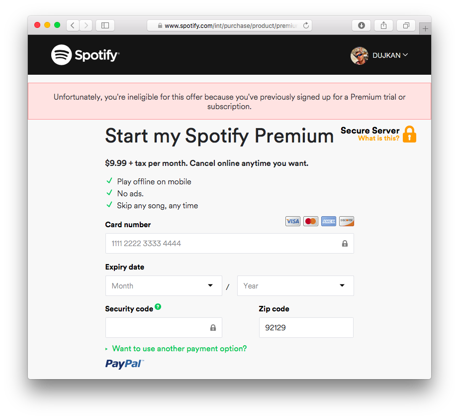 Spotify Premium trial ineligible