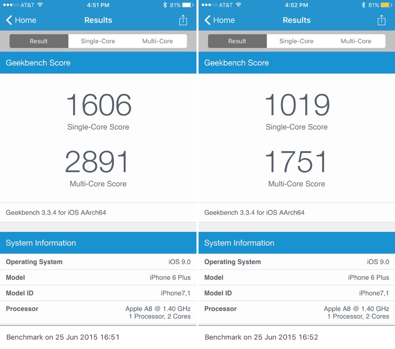 iOS 9 beta 2 Low Power mode Geekbench CPU performance iPhone screenshot 001