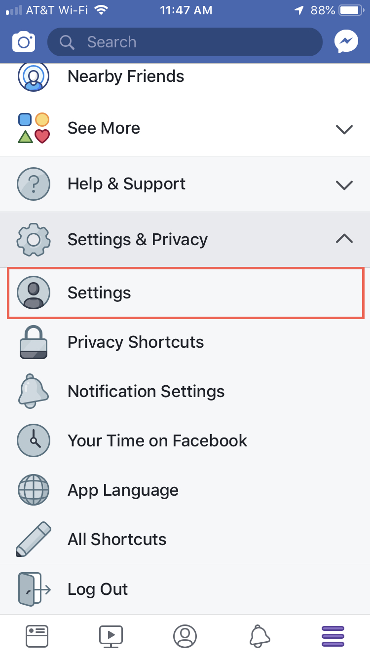 Facebook Settings Section on iPhone