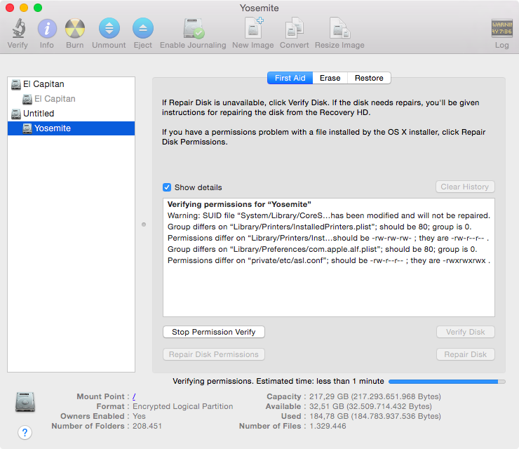 OS X Yosemite Disk Utility Verify Disk Permissions 001