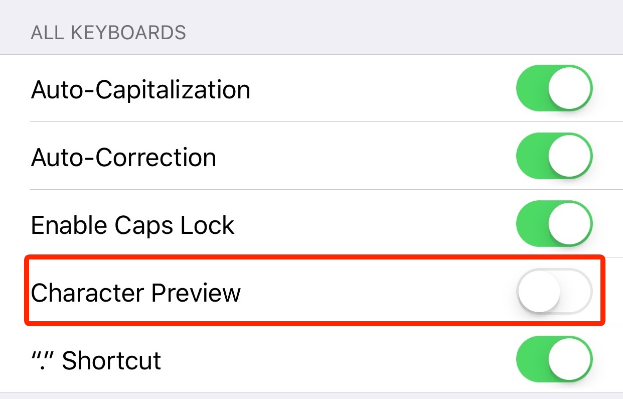 iOS 9 Settings Keyboard Character Preview iPhone screenshot 002