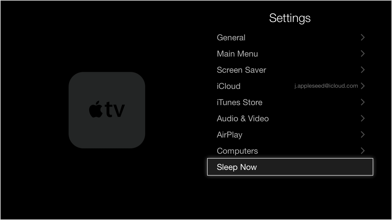 Apple TV third generation Settings Sleep Now screenshot 001