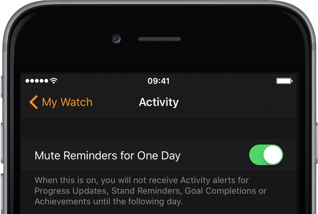 Apple Watch companion app Mute Activity Reminders for One Day iPhone screenshot 001