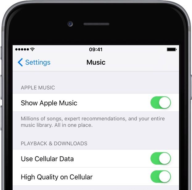iOS 9 Settings Apple Music Cellular