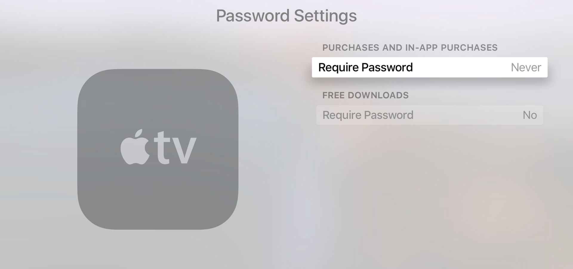 Password Settings Required to make purchases on Apple TV