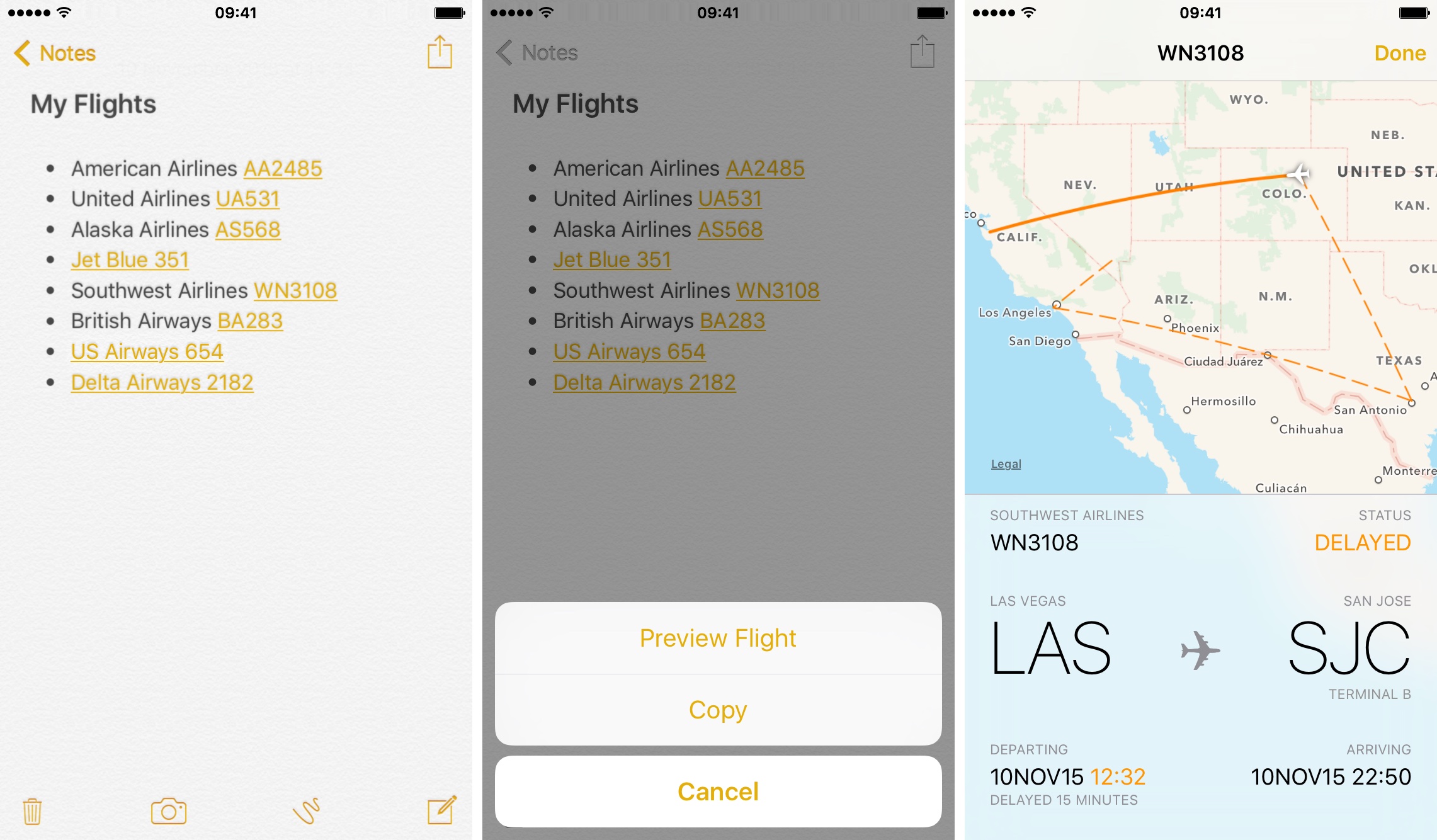 iOS 9 Notes preview flight information iPhone screenshot 001