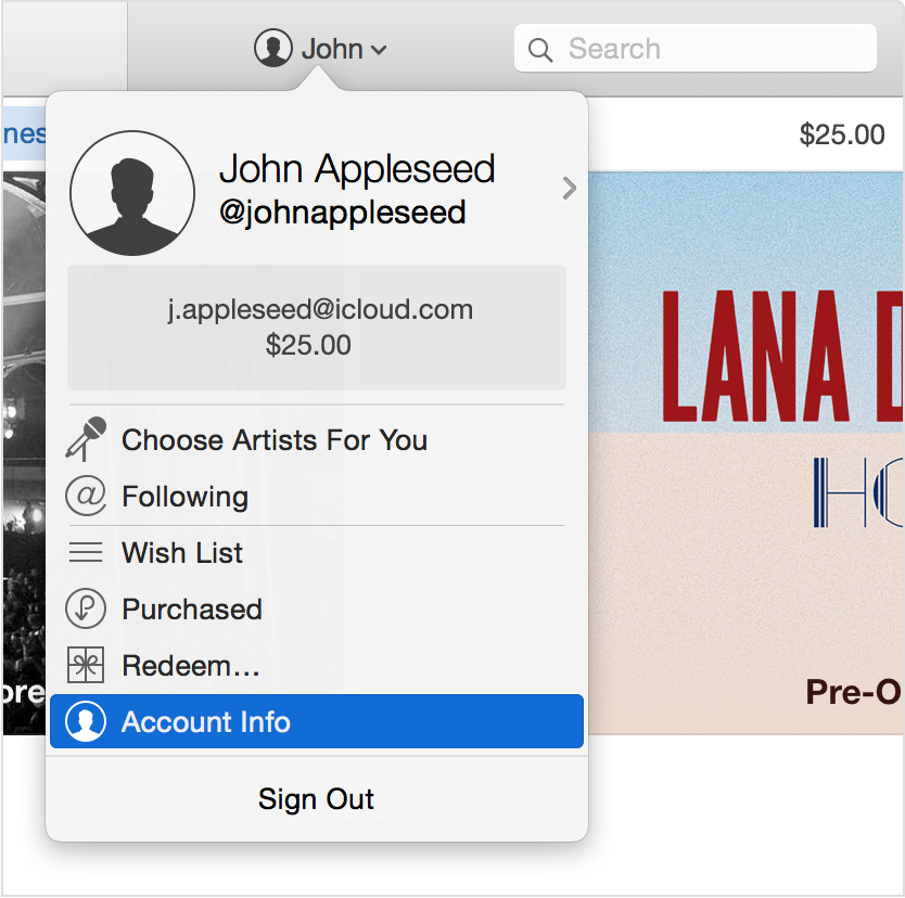 iTunes Account Info menu Mac screenshot 001