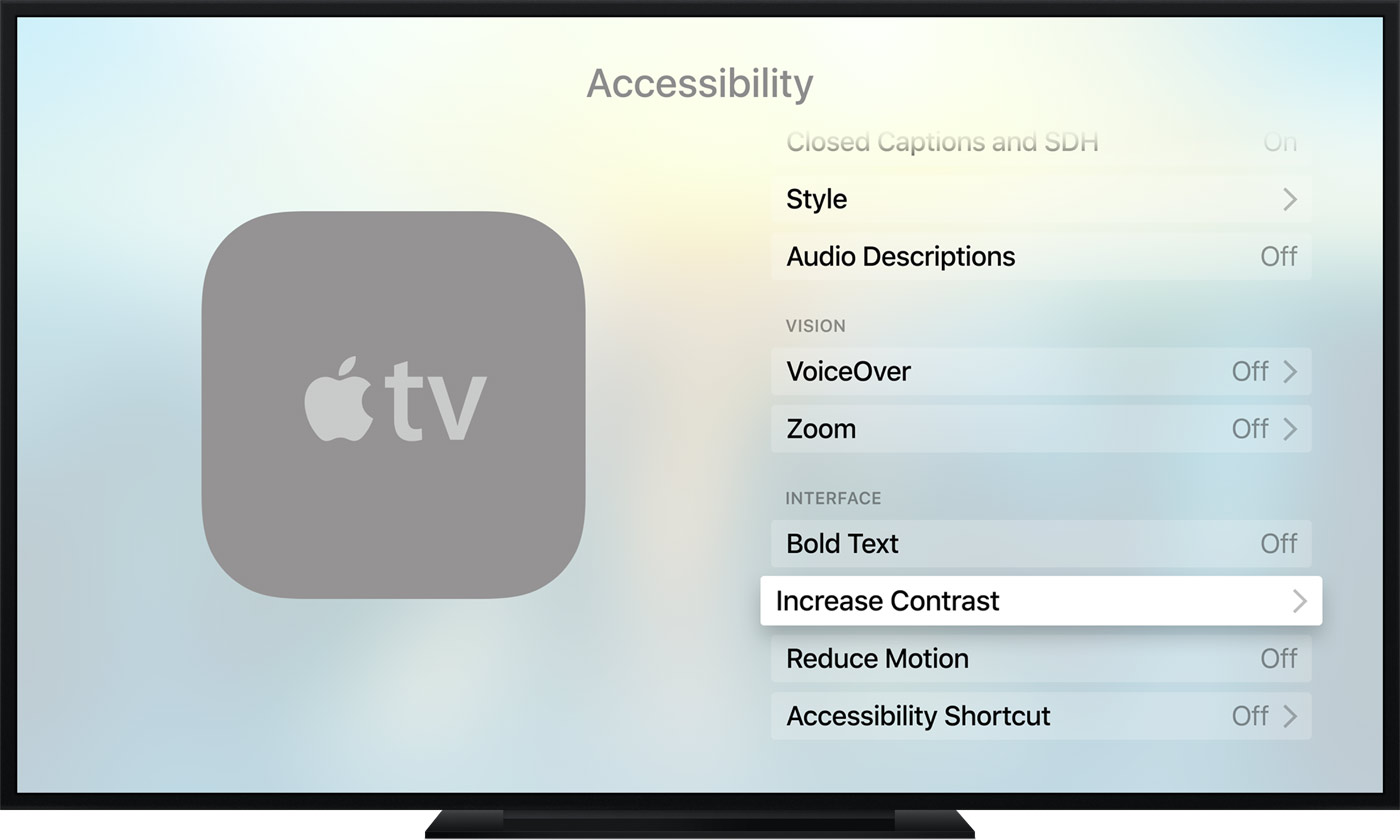 tvOS Settings Accessibility Incrase Contrast Apple TV screenshot 001
