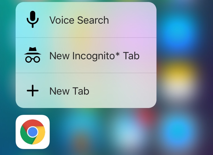 Chrome for iOS 3D Touch shortcuts iPhone 6s screenshot