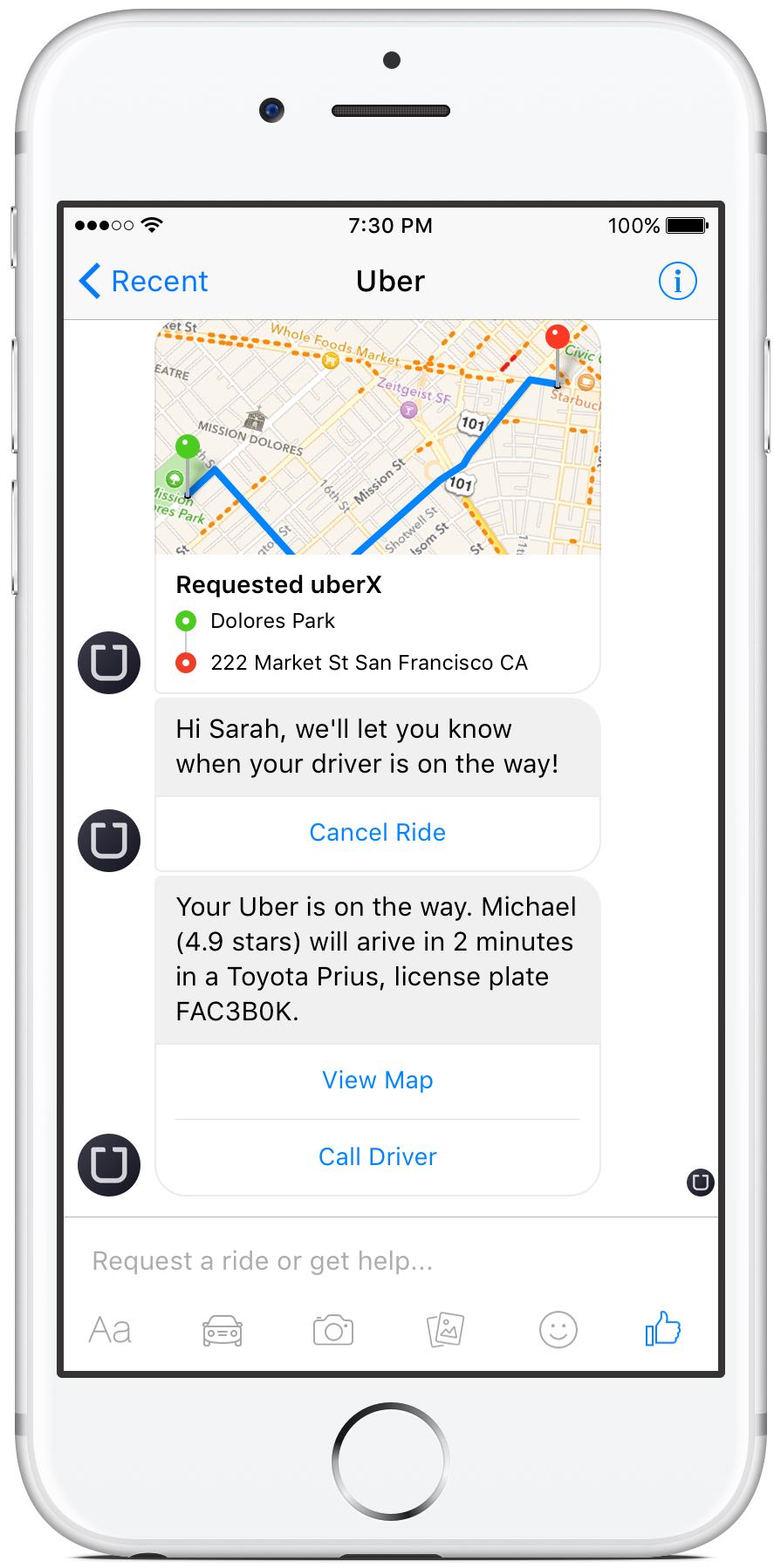 Facebook Messenger Uber integration iPhone screenshot 002