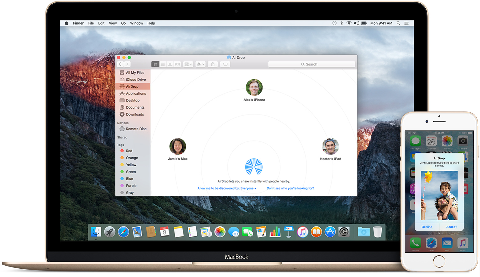 MacBook and iPhone showing AirDrop working between them
