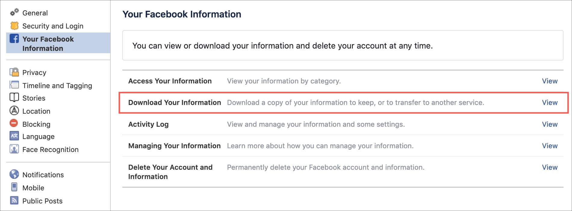 facebook download your information