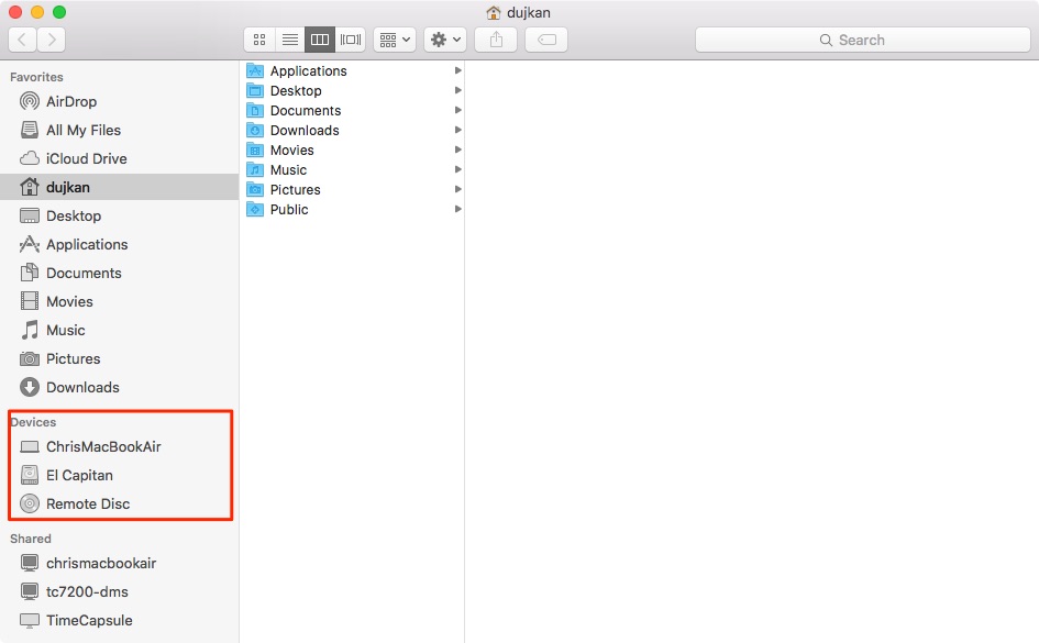 Devices section in Finder
