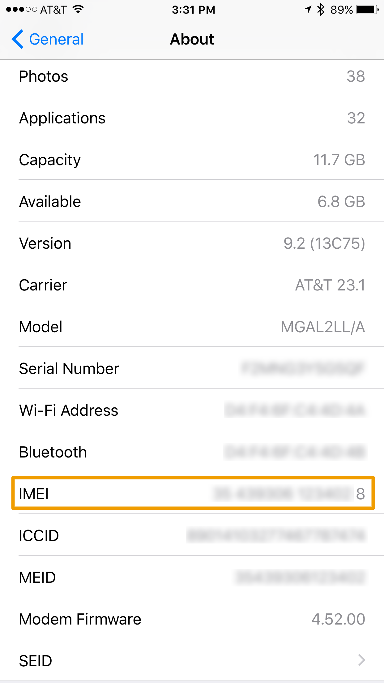 Find iPhone IMEI number in settings