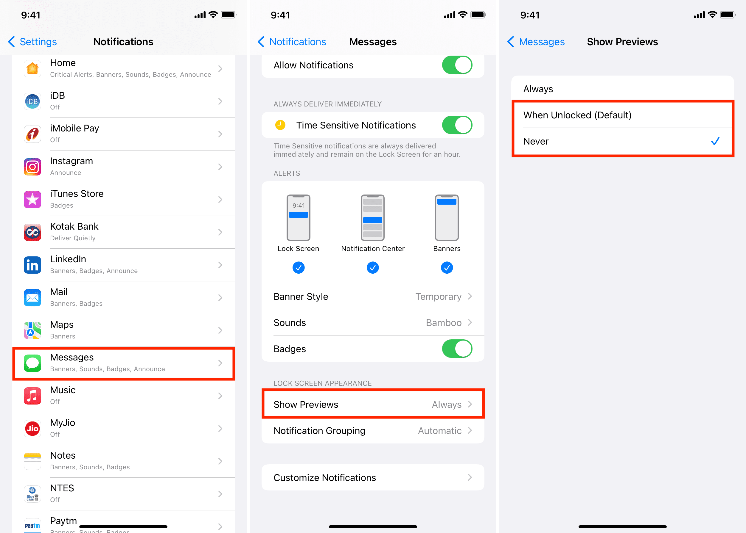 Turn off Show Previews for Messages app notifications on iPhone