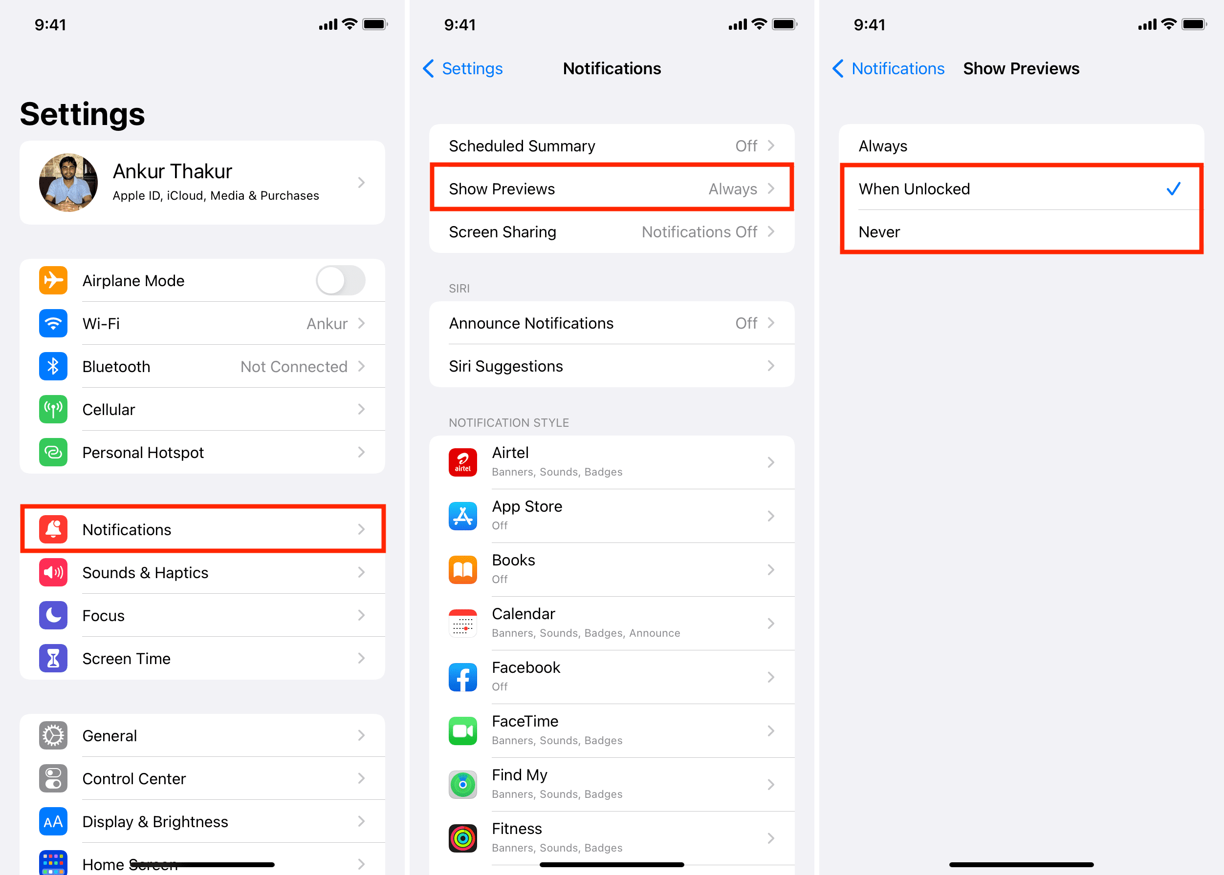 Turn off Show Previews for all app notifications on iPhone