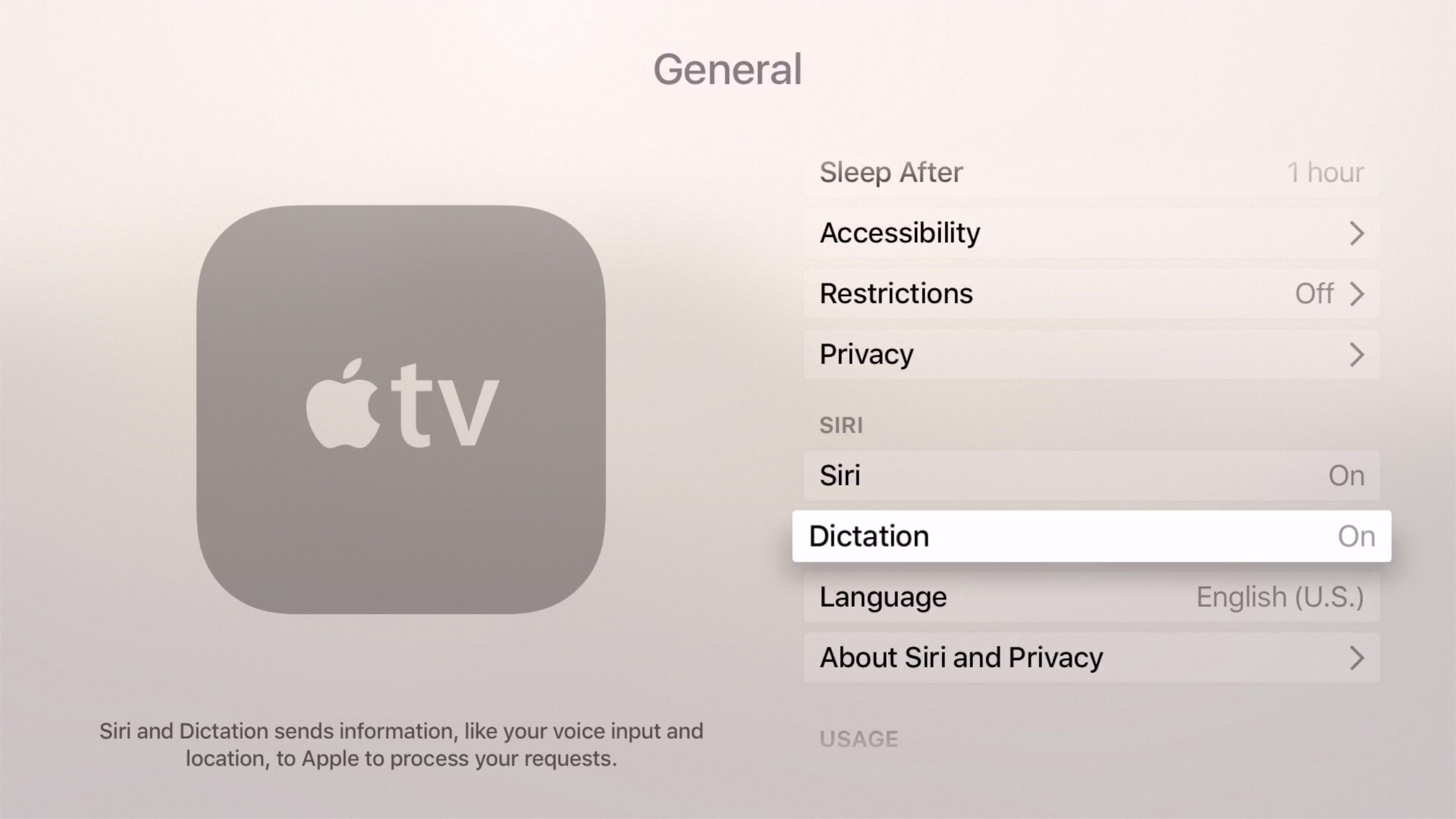 Paramètres de dictée Apple TV