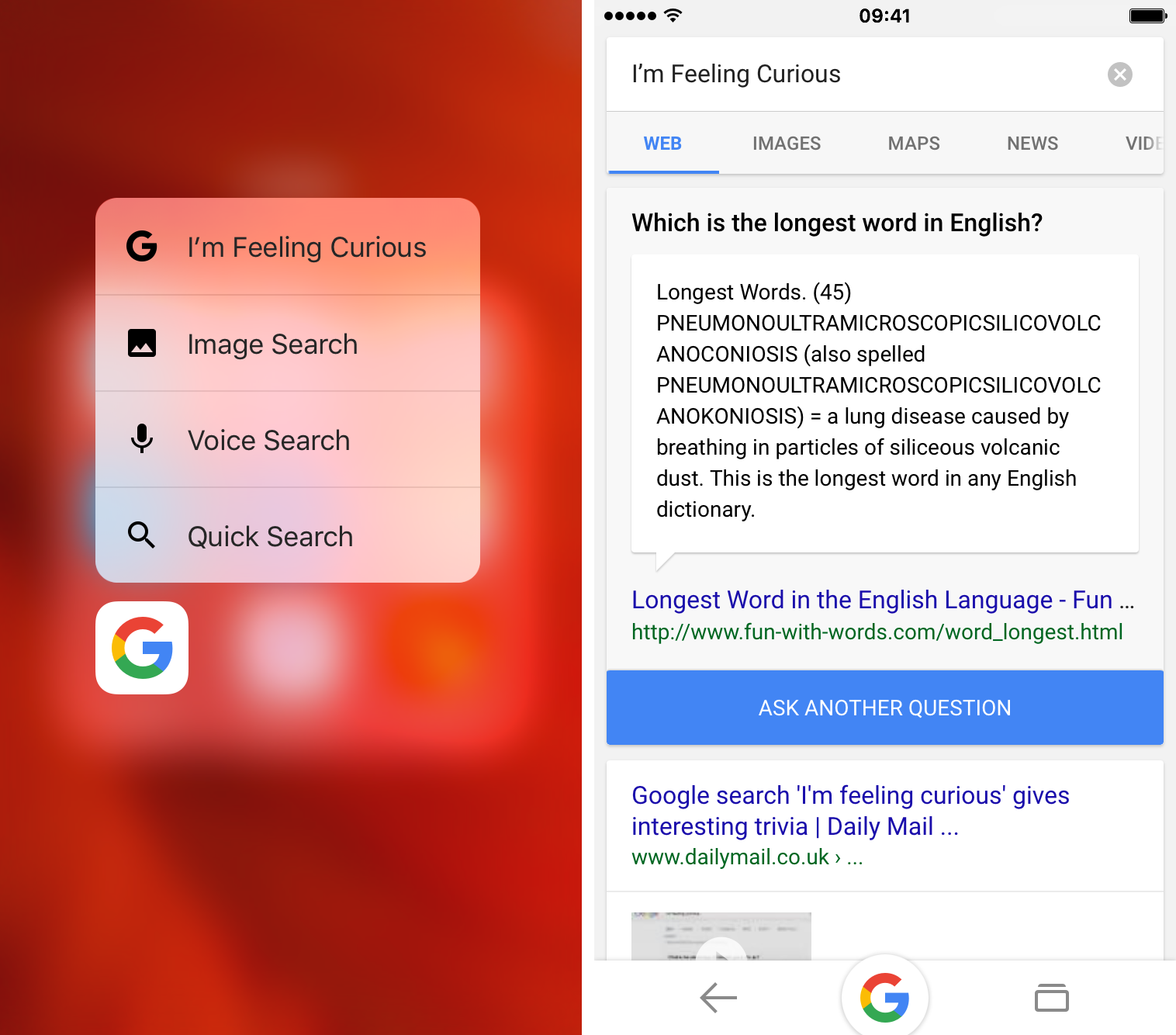 Google Search 12.0 for iOS 3D Touch shortcut iPhone 6s screenshot