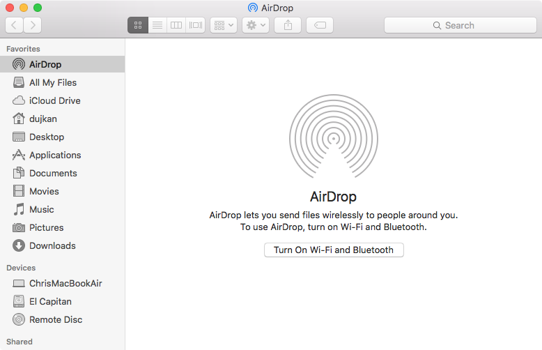 AirDrop window Wi-Fi and Bluetooth warning message on Mac