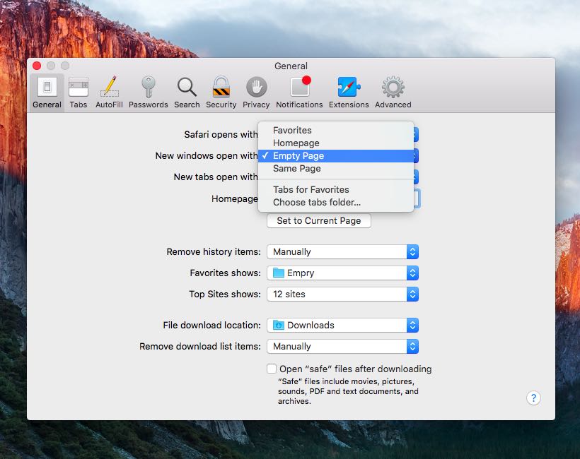 OS X El Capitan Safari Preferences General New Window Open With Mac screenshot 009