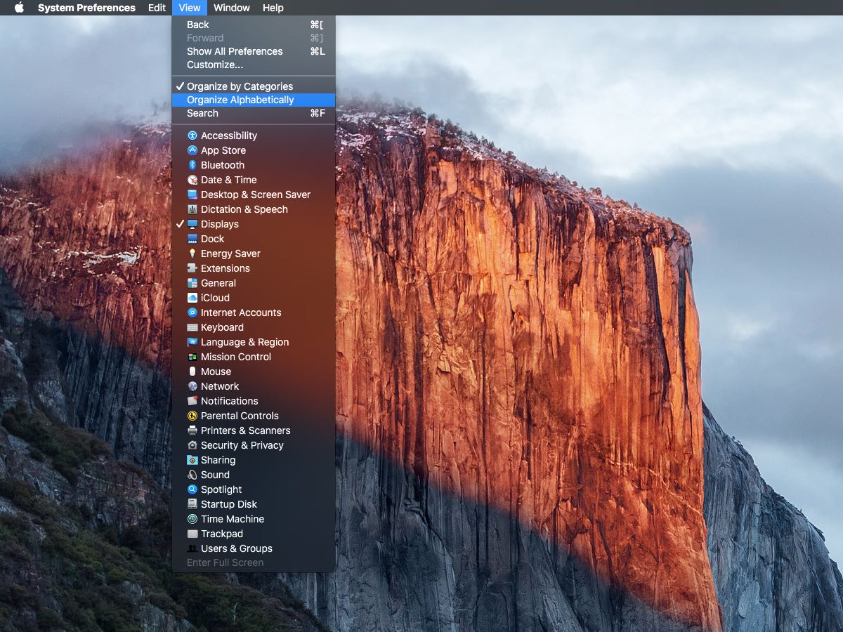 OS X El Capitan System Preferences icon grouping in View menu Mac screenshot 001