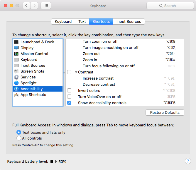 OS X Yosemite SysteM preferences Accessibility Keyboard Shortcuts Mac screenshot 001