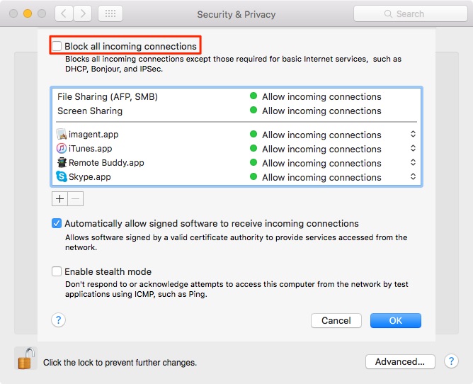 Disable Block all incoming connections in Firewall from Security and Privacy in Mac's System Preferences