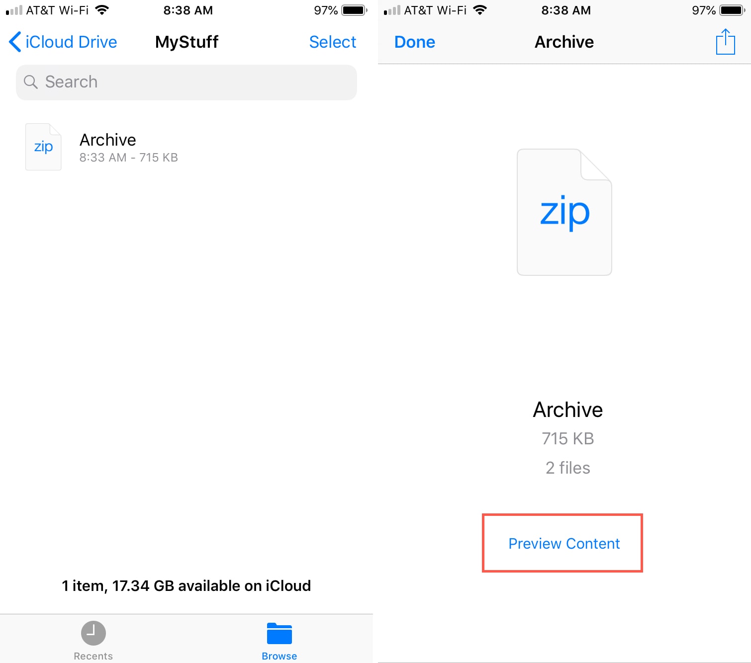 Preview ZIP in iCloud Drive