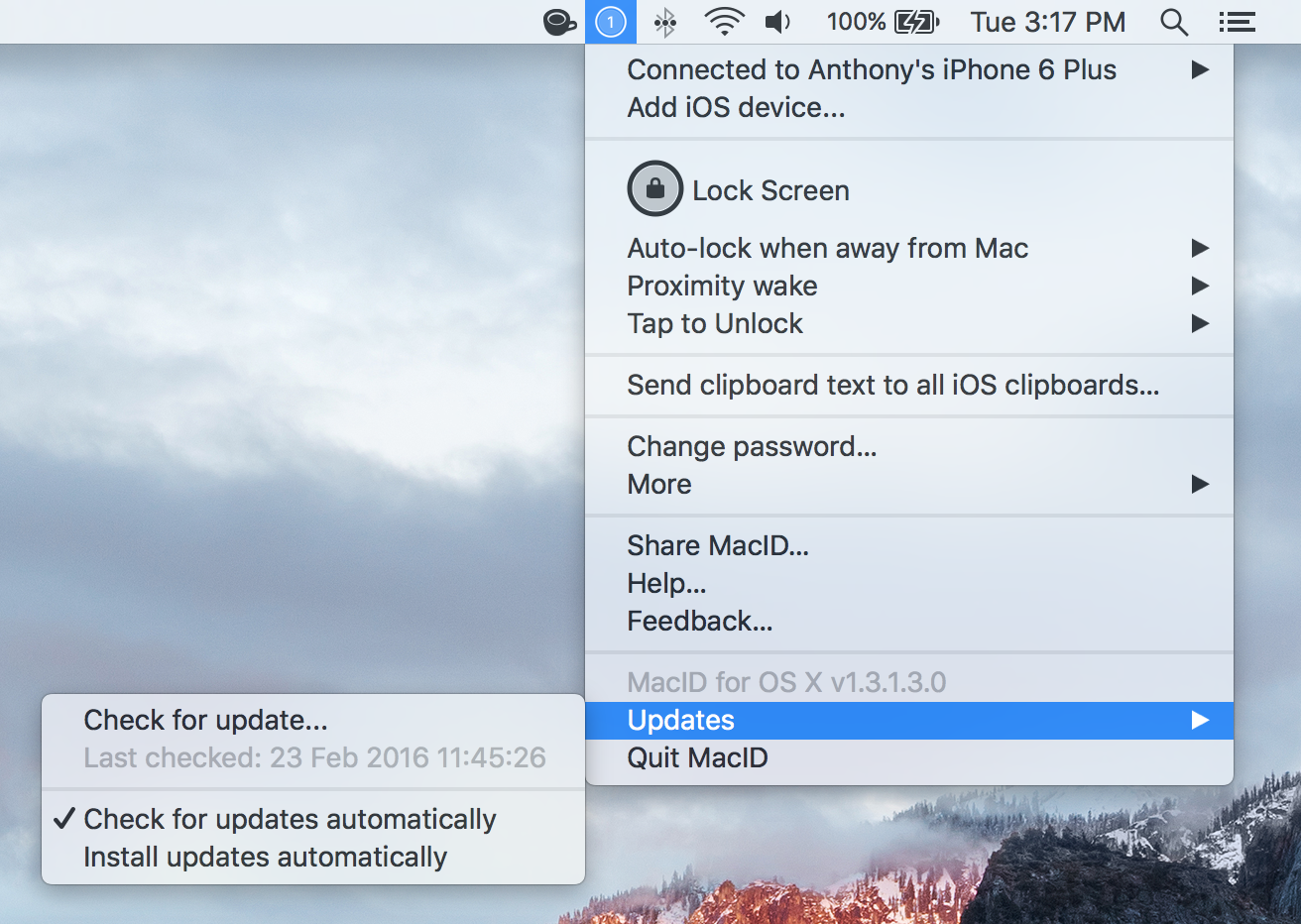 MacID Check for Updates From Menu Bar in OS X