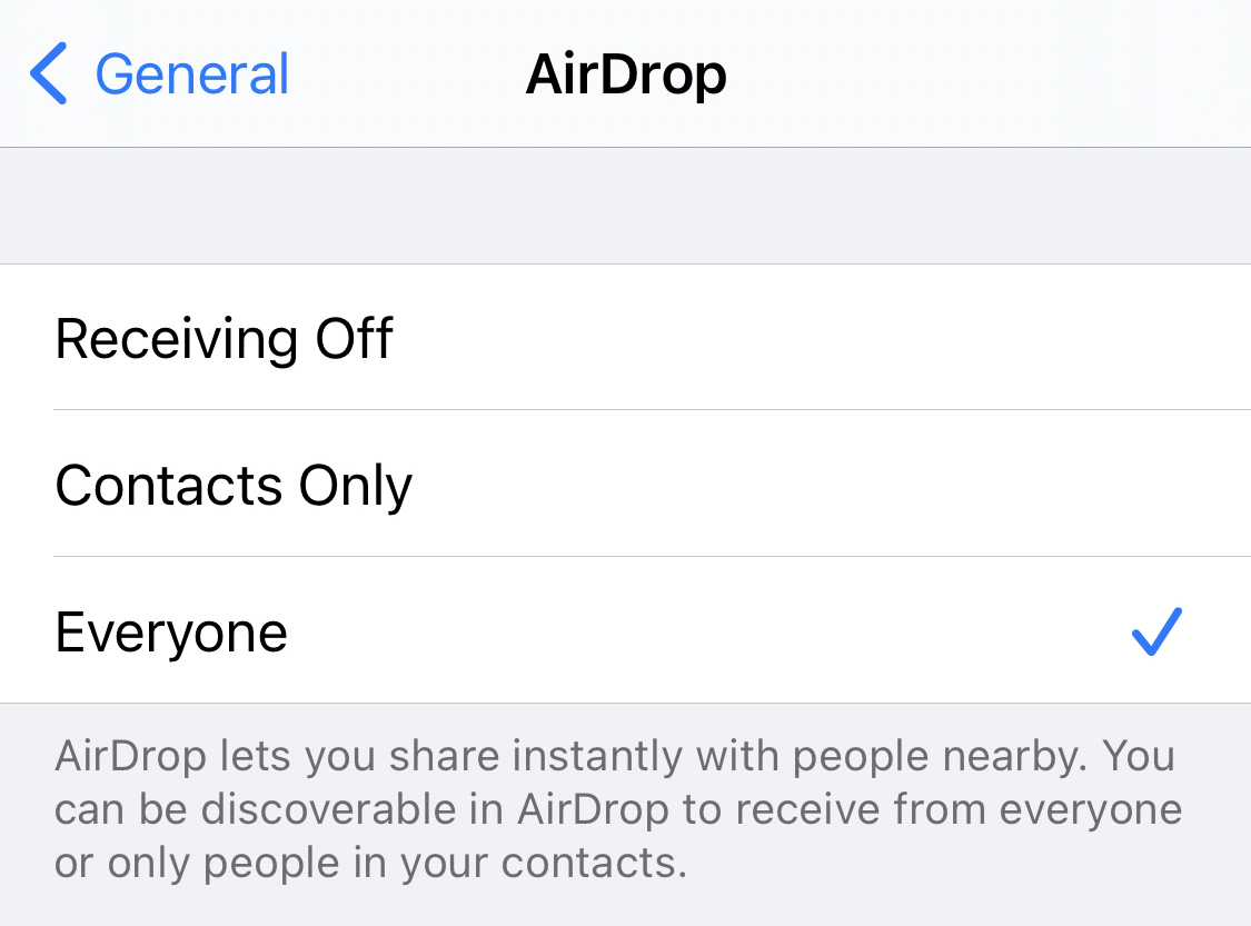 AirDrop settings on iOS