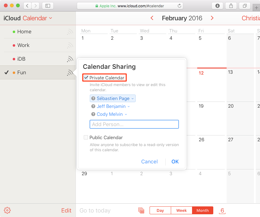 Private calendar on iCloud