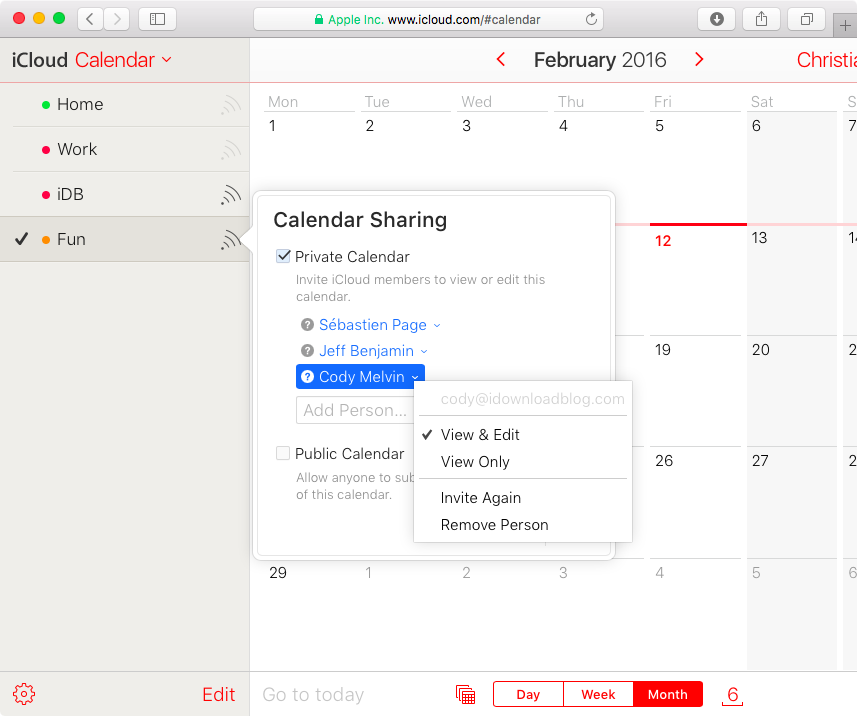 Change calendar privilege on iCloud.com