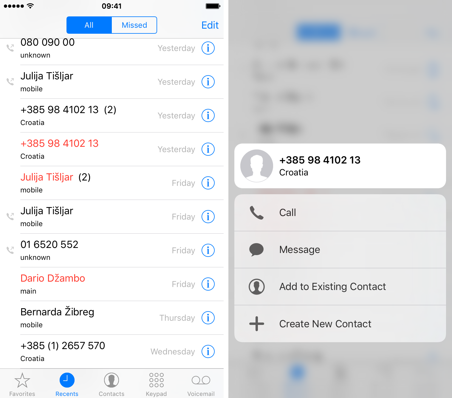 iOS 9 Phone 3D Touch preview contacts iPhone 6s screenshot 004