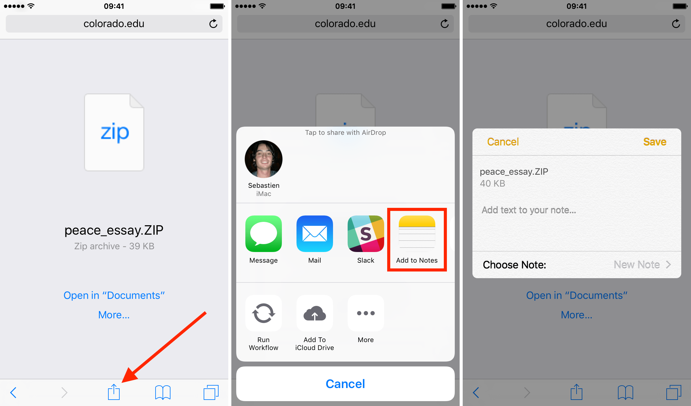 Send a zip file to the Notes app