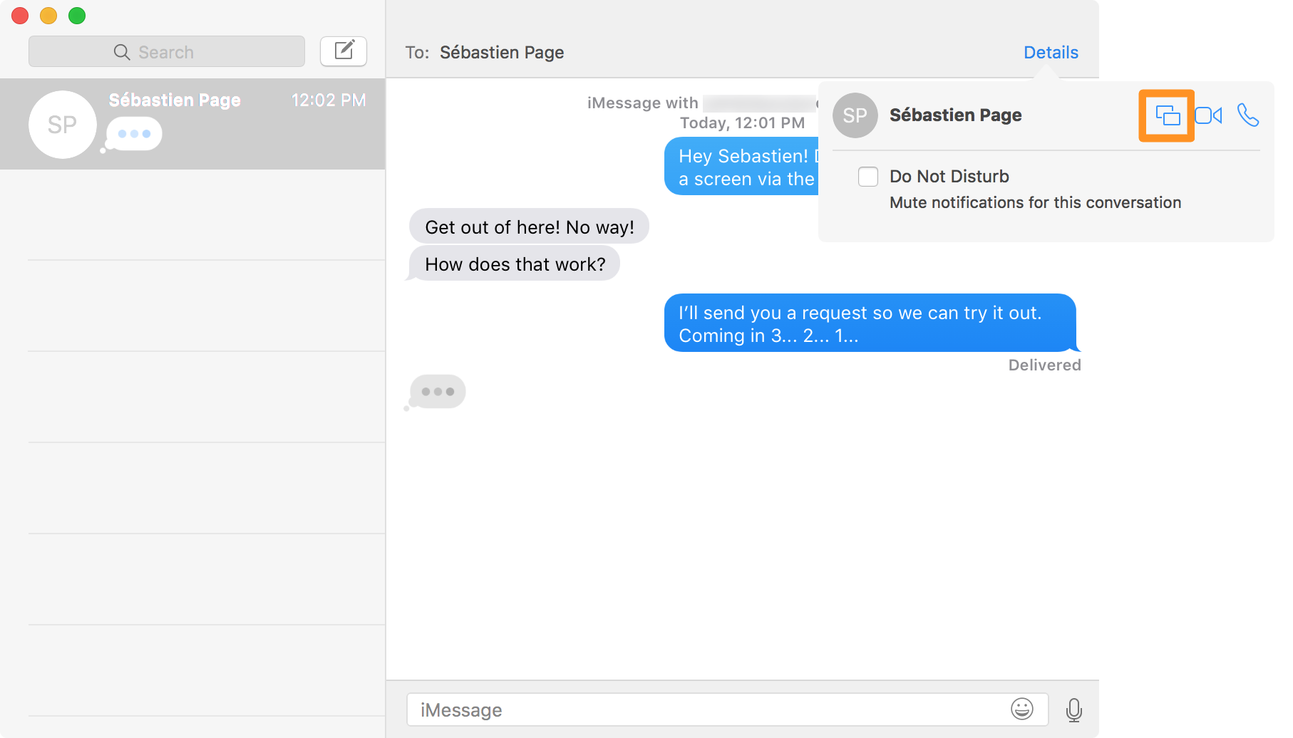 Screen sharing option in Messages app on Mac