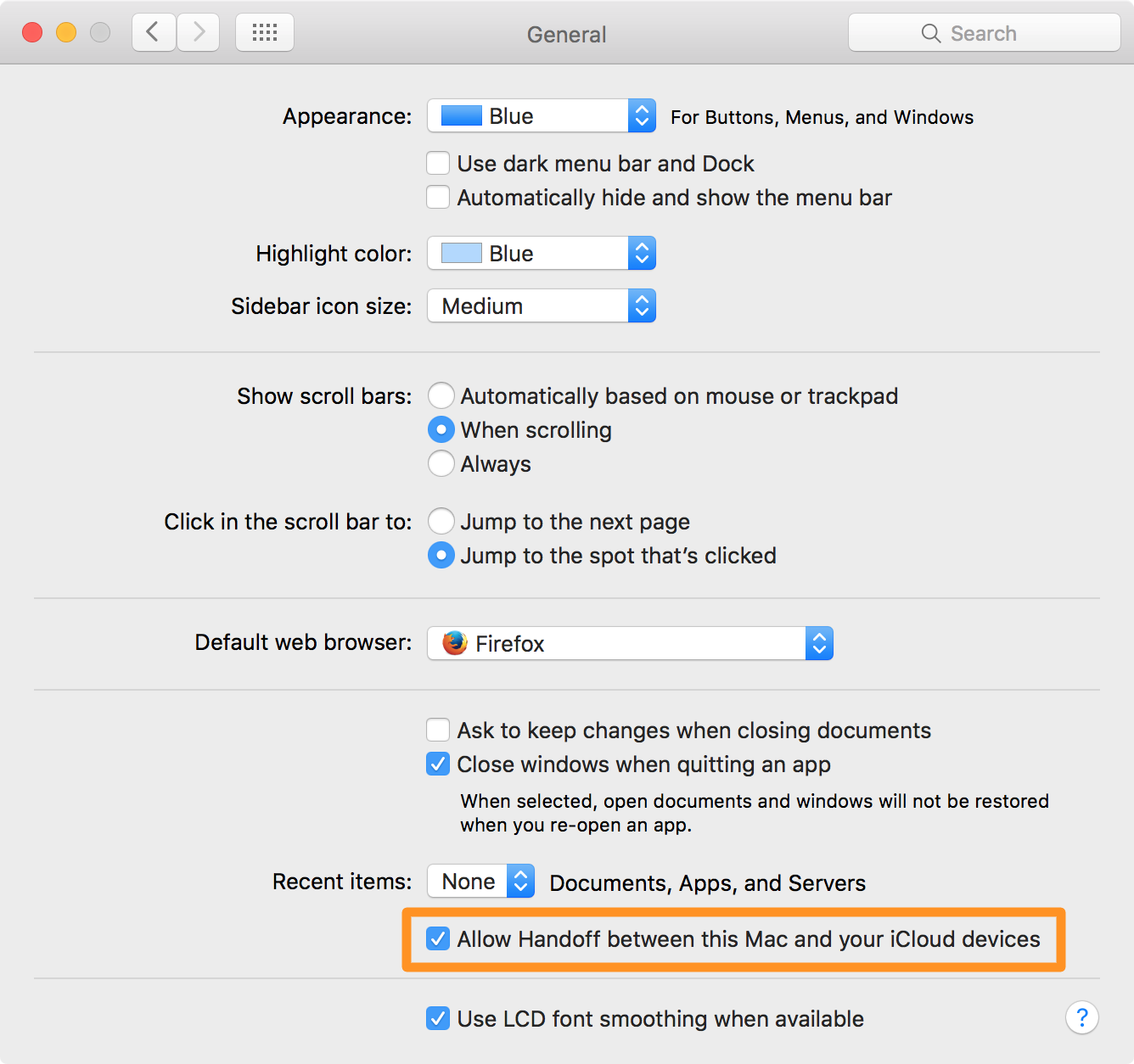Allow Handoff between this Mac and your iCloud devices Mac System Preferences App