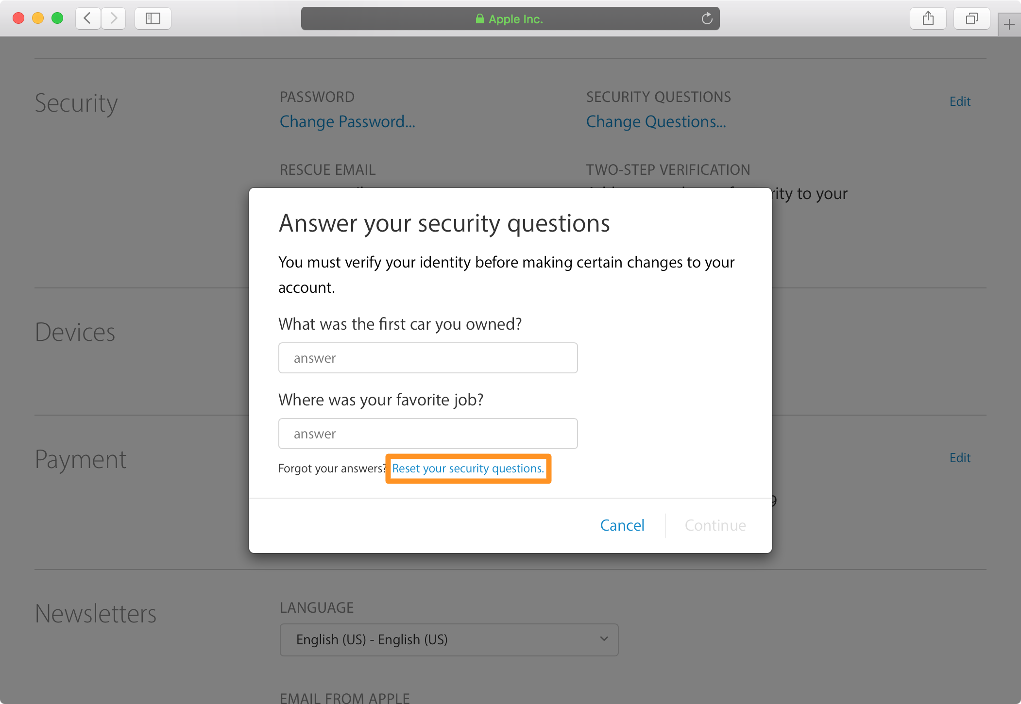 Apple ID reset your security questions