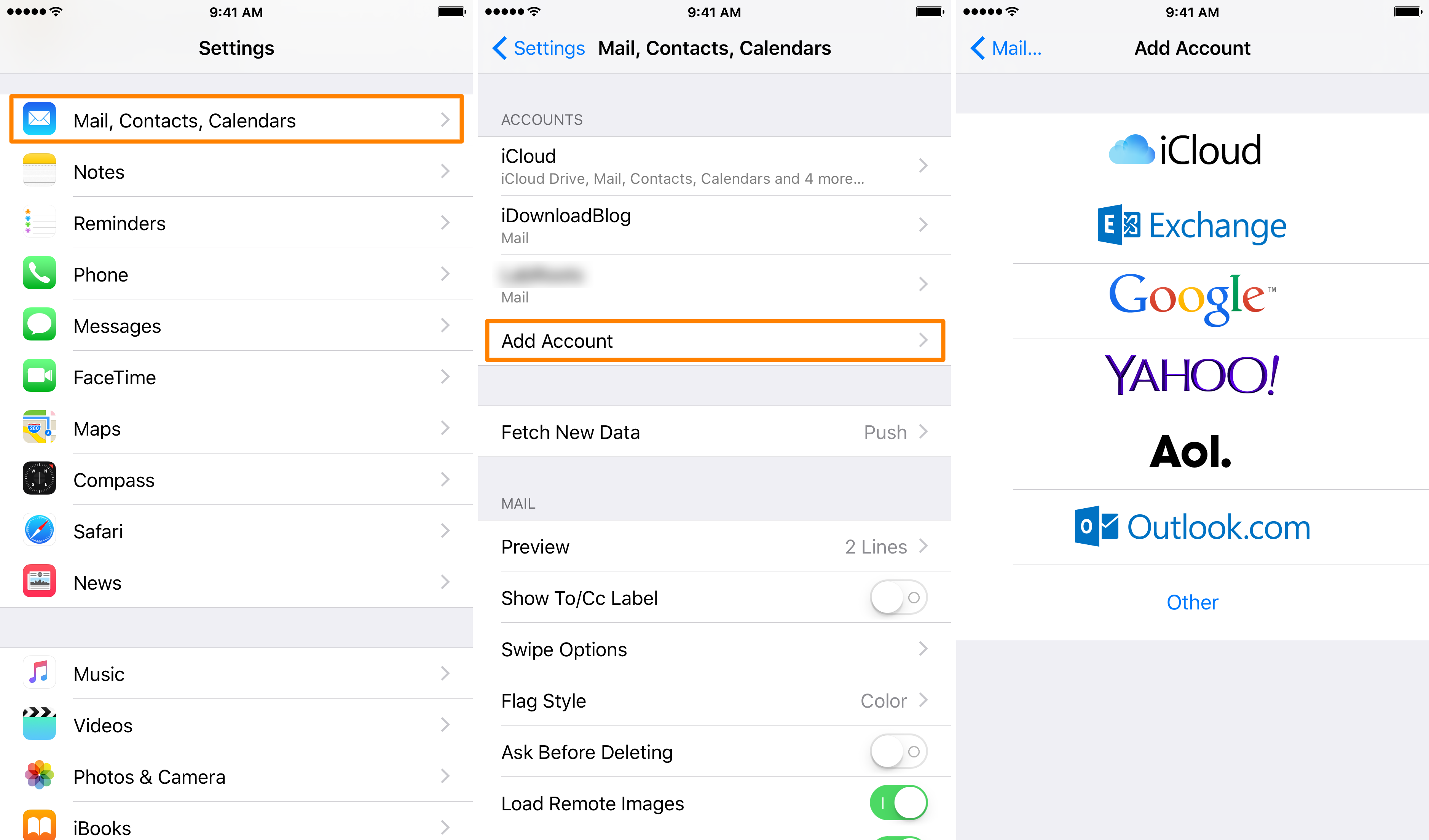 add new email account in iOS mail app