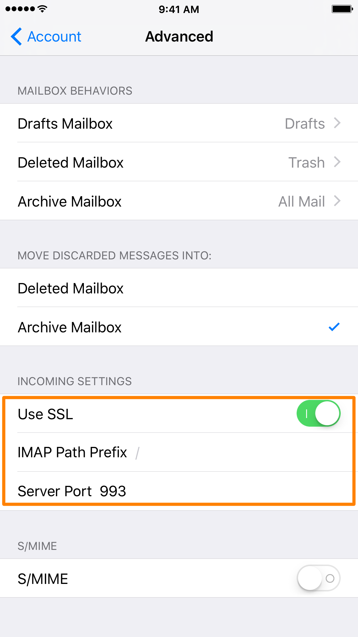 configuring ios email incoming settings