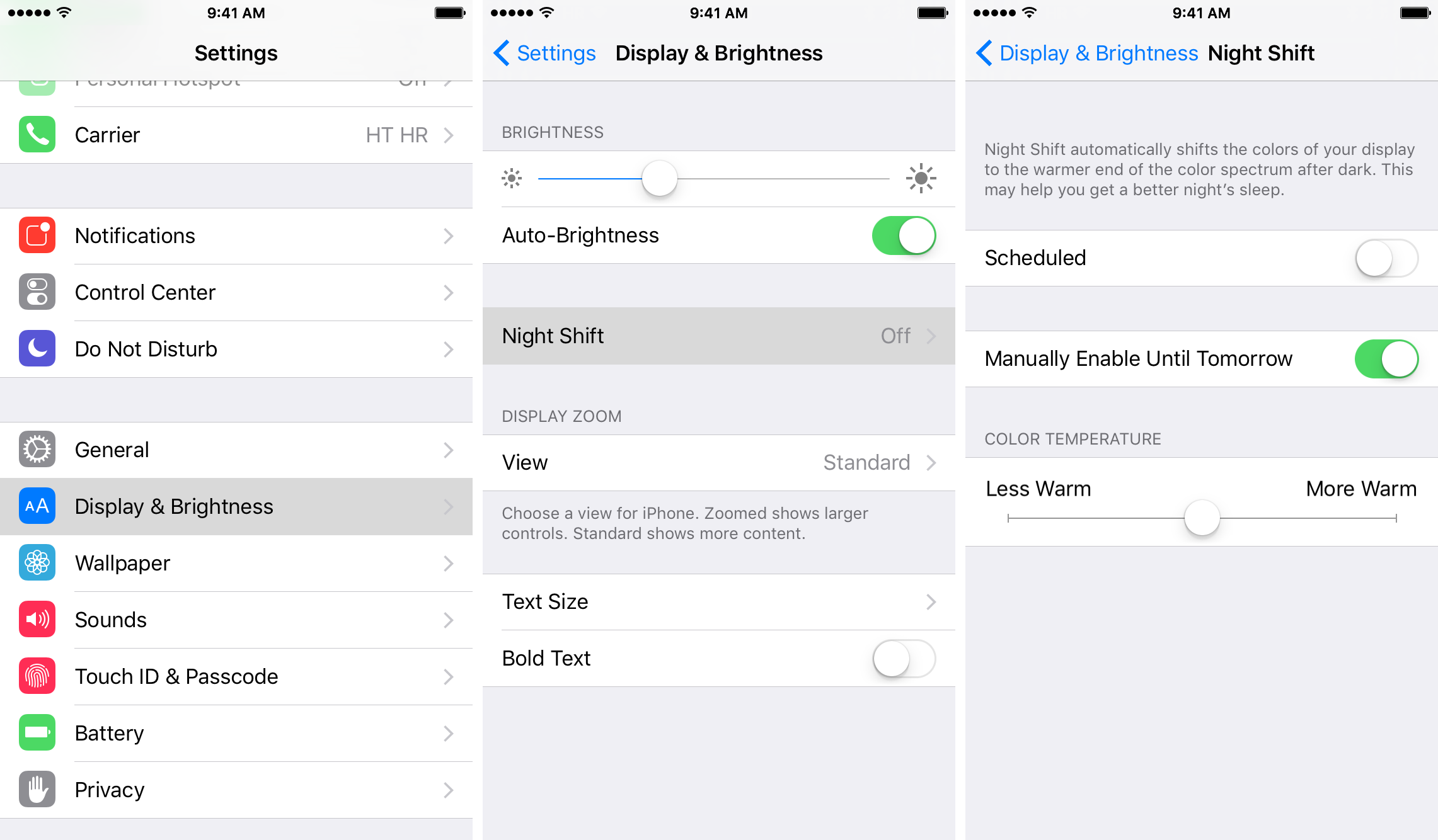 iOS 9.3 Night Shift Manually Enable Until Tomorrow iPhone screenshot 002