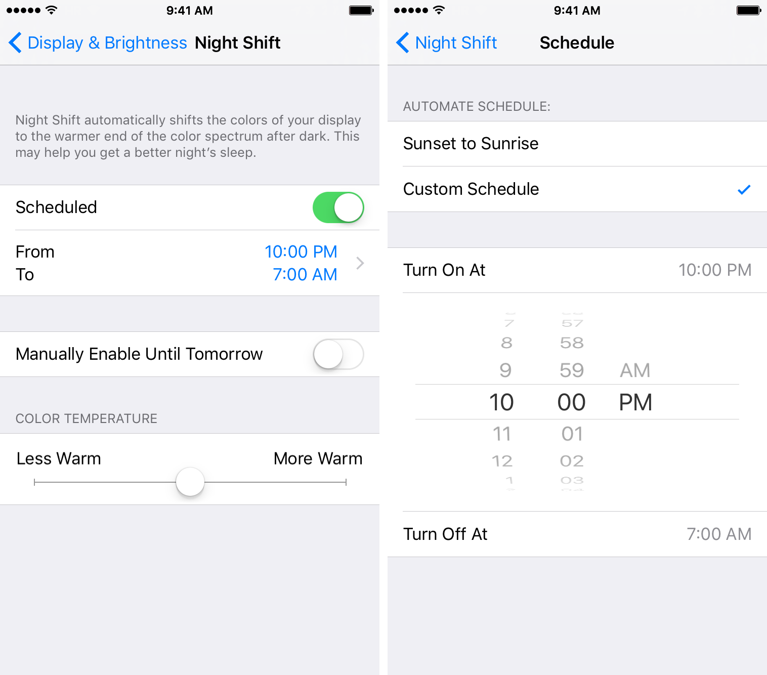 iOS 9.3 Night Shift schedule iPhone screenshot 003