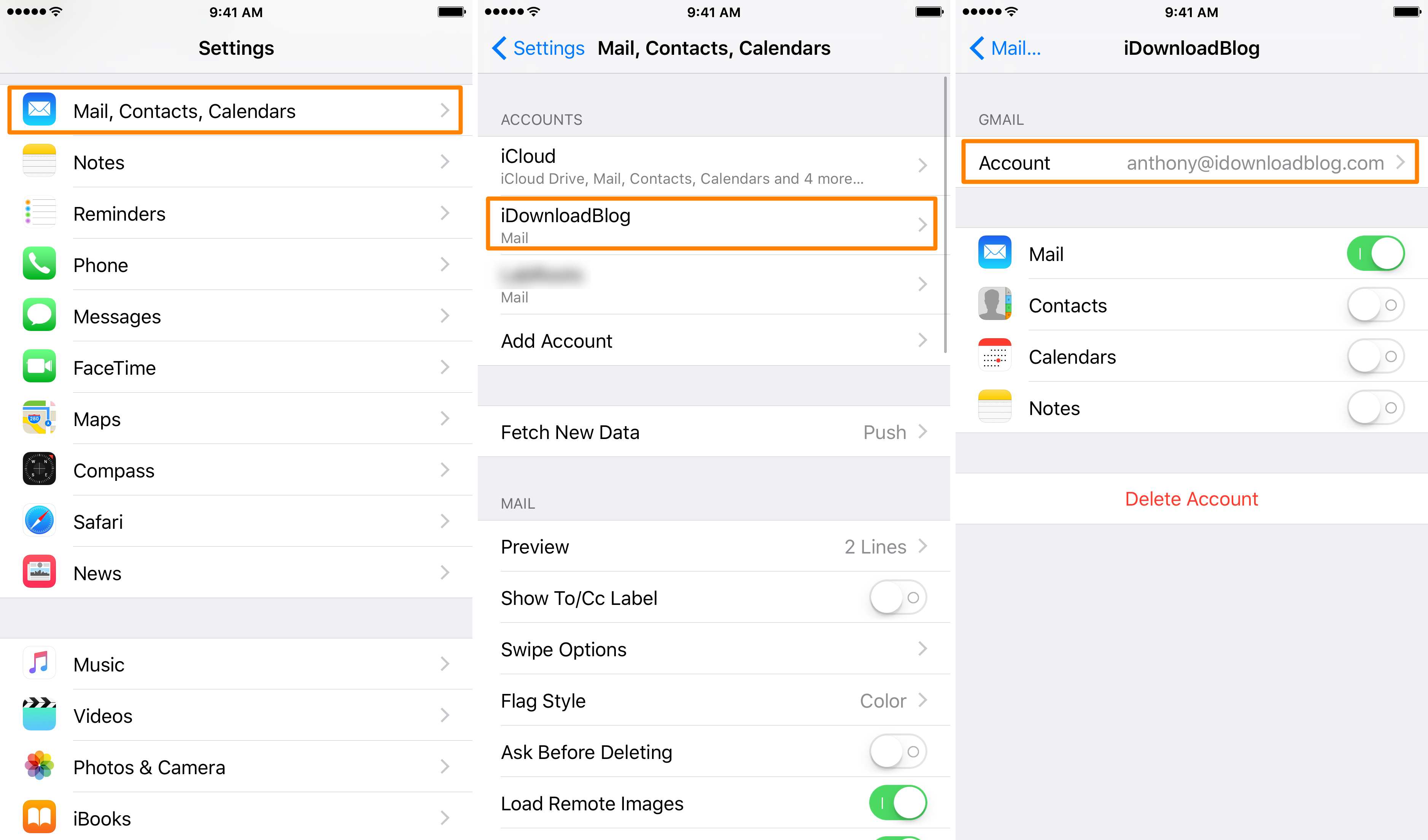 iOS email account settings configuration