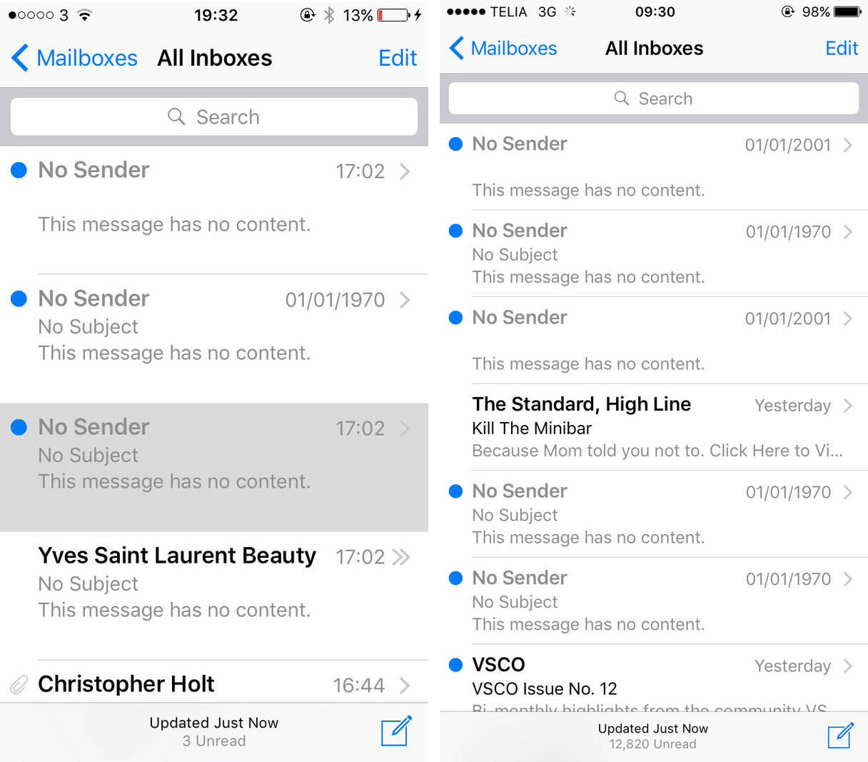 iOS undeletable emails from 1970