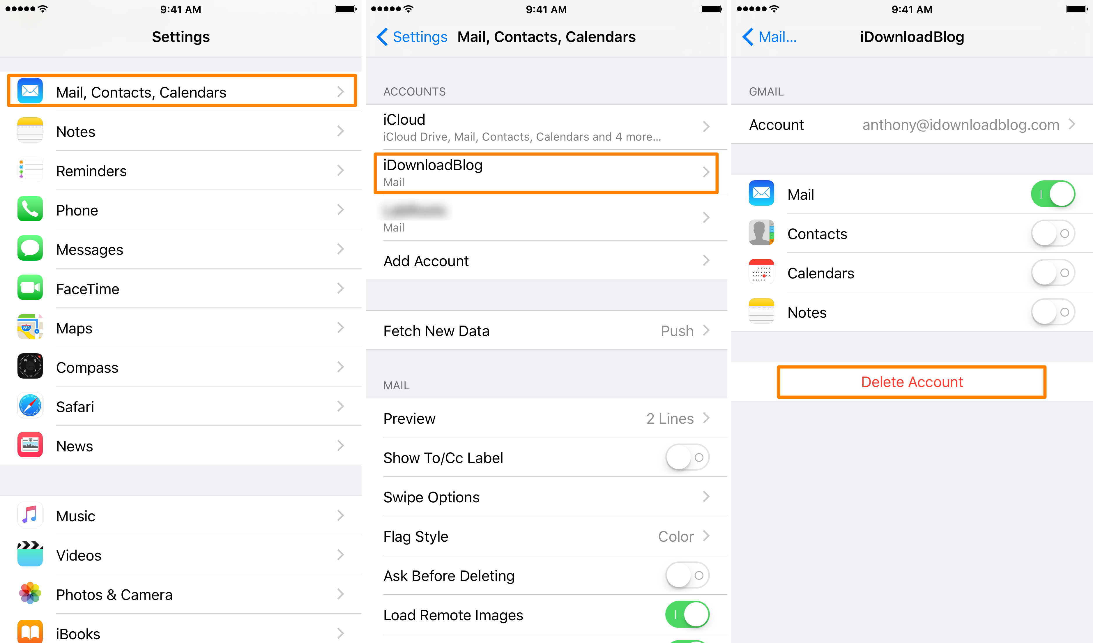remove email account in iOS mail app