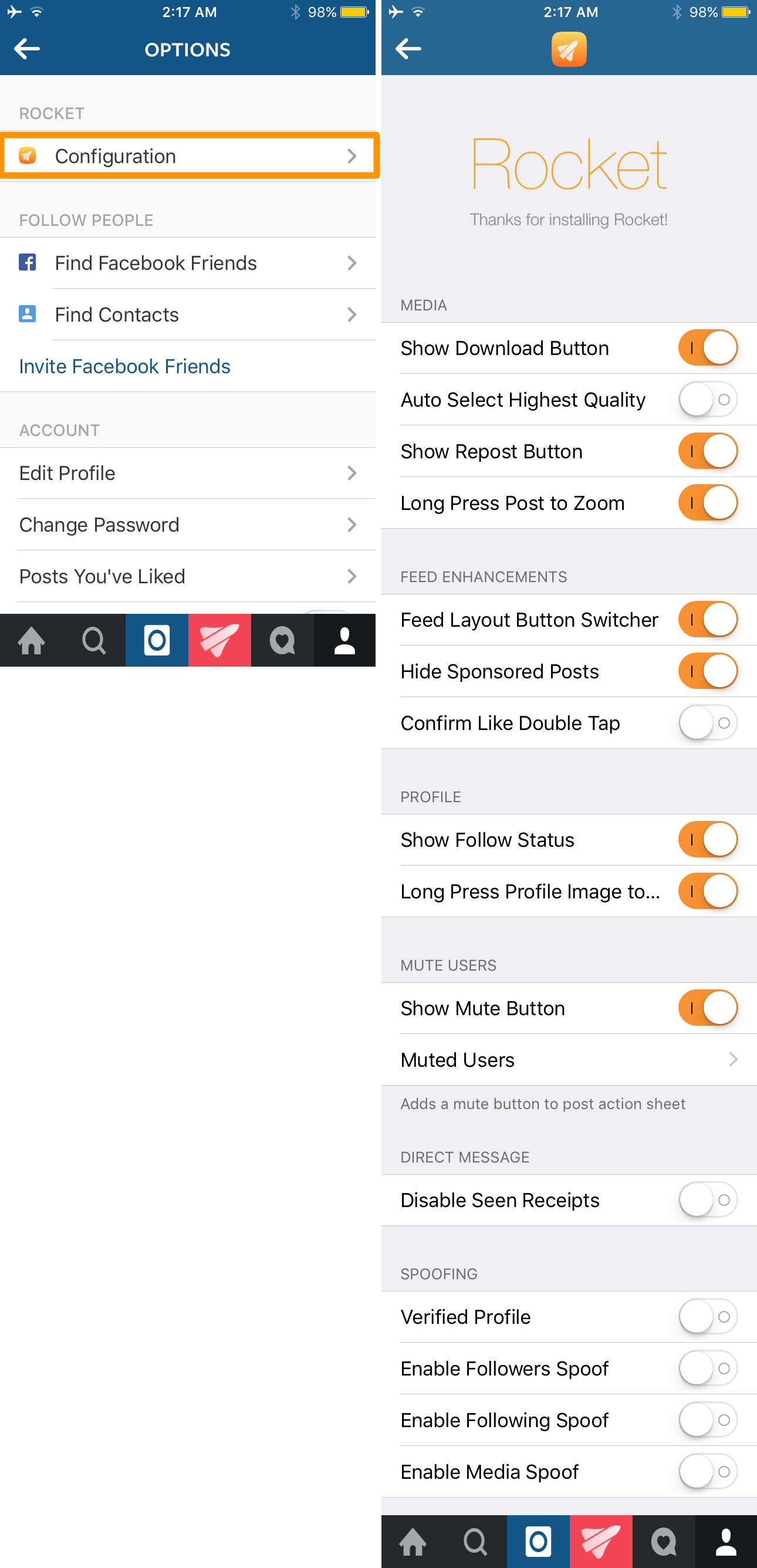 rocket for instagram options to configure